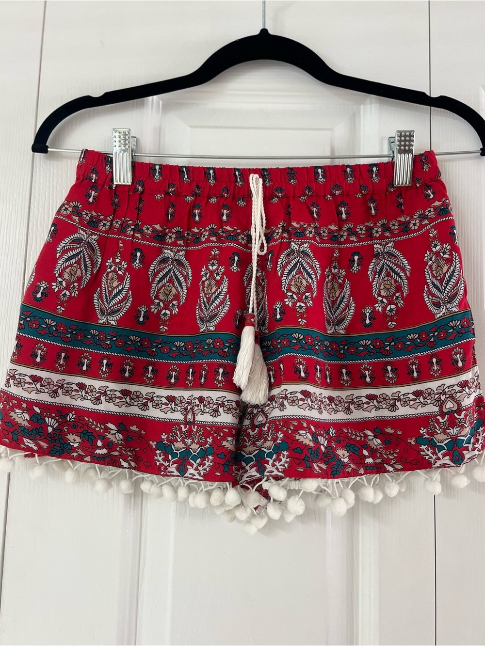 Band of Gypsies Red Printed Pom-Pom Trim High Waist Shorts